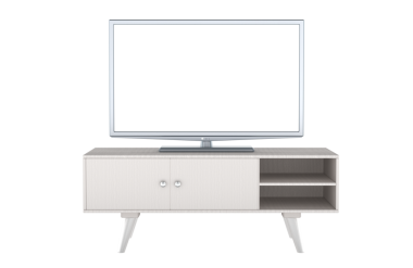 Televizyon seti için şeffaf ekranlı akıllı televizyon. Beyaz renk, ön manzara. Şeffaf arkaplanda 3B görüntüleme izole edildi