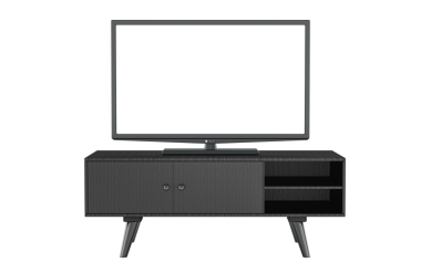 Düz ekran LED TV, raflı televizyon sehpasında şeffaf ekran. Koyu renk, ön manzara. Şeffaf arkaplanda 3B görüntüleme izole edildi