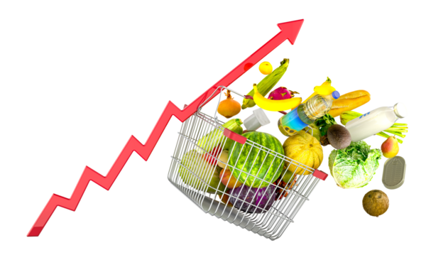 İçinden yiyecek çıkan alışveriş sepeti ve büyüyen kırmızı ok. Yükselen süpermarket fiyatları ve gıda veya market fiyatları, konsept. Şeffaf arkaplanda 3B görüntüleme izole edildi