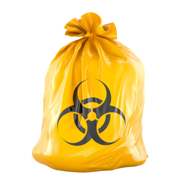 Biyolojik tehlike işaretli sarı çöp torbası, şeffaf arkaplanda 3 boyutlu görüntüleme