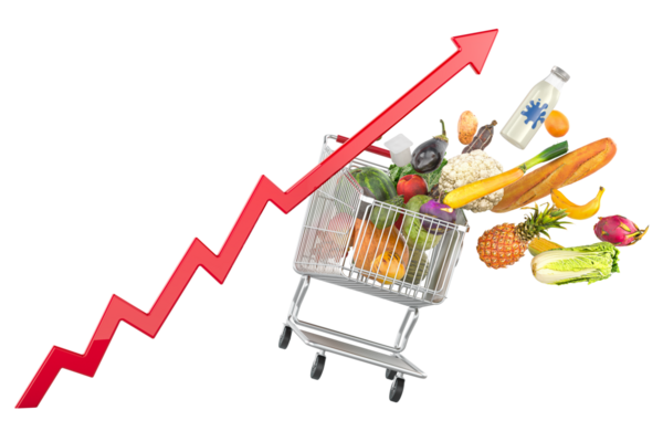 Yiyecek ürünleri, büyüyen kırmızı okla alışveriş arabasından uçuyor. Yükselen süpermarket fiyatları ve gıda veya market fiyatları, konsept. Şeffaf arkaplanda 3B görüntüleme izole edildi