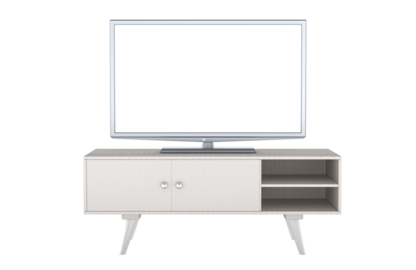 Televizyon seti için şeffaf ekranlı akıllı televizyon. Beyaz renk, ön manzara. Şeffaf arkaplanda 3B görüntüleme izole edildi