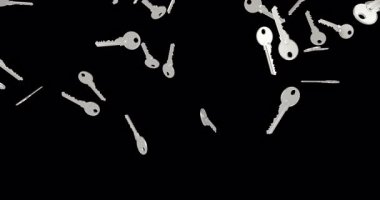 Gümüş anahtarlar düşüyor. Şeffaf arkaplanda 3B canlandırma