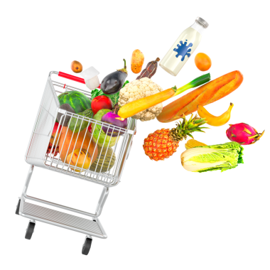 Yiyecek ürünleri alışveriş arabasından uçuyor. Şeffaf arkaplanda 3B görüntüleme izole edildi