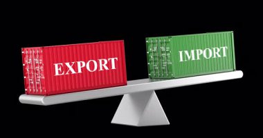 İthalat ve ihracat, ticaret dengesi. Animasyon, kusursuz döngü. Şeffaf arkaplanda 3B görüntüleme izole edildi