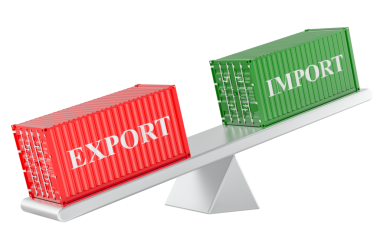 İthalat ve ihracat, ticaret konsepti dengesi, şeffaf arkaplanda 3D görüntüleme