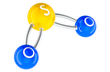 SO2, sülfür dioksit. Molekül modeli, top ve sopa modeli. Şeffaf arkaplanda 3B görüntüleme izole edildi
