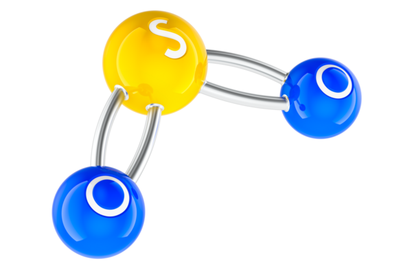 SO2, sülfür dioksit. Molekül modeli, top ve sopa modeli. Şeffaf arkaplanda 3B görüntüleme izole edildi