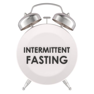 Alarm saati ile aralıklı oruç kavramı, beyaz arkaplanda 3 boyutlu görüntüleme