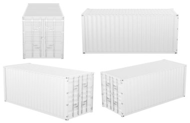 Farklı açılardan gelen beyaz kargo konteynerleri. Tasarım, şablon veya markalaşma için boş yüzey. Beyaz arkaplanda 3B görüntüleme izole edildi 