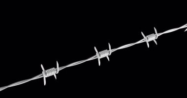Dikenli teller kenarlardan uçarak geliyor ve ekrandan geçiyor, bariyer etkisi yaratıyor, animasyon. Şeffaf arkaplanda 3B görüntüleme izole edildi