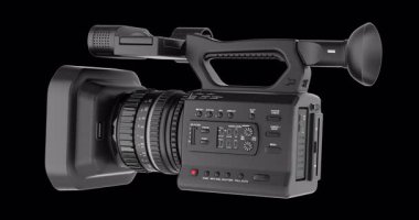 Profesyonel video kamera döner animasyon, kusursuz bir şekilde çevrilebilir. Şeffaf arkaplanda 3B görüntüleme izole edildi