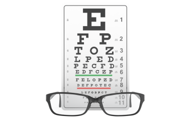 Gözlük ve görüş testi çizelgesi. Şeffaf arkaplanda 3B görüntüleme izole edildi
