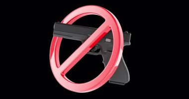 Kırmızı yasak levhanın içindeki tabanca, rotasyon animasyonu, kusursuz bir şekilde çevrilebilir. Şeffaf arkaplanda 3B görüntüleme izole edildi