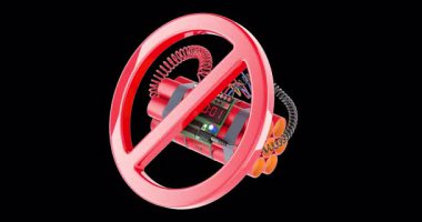 Kırmızı bir işaret levhasının içinde patlayıcılı dinamit, rotasyon animasyonu, kusursuz bir şekilde çevrilebilir. Şeffaf arkaplanda 3B görüntüleme izole edildi