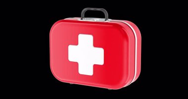 İlk yardım çantası, rotasyon animasyonu, kusursuz döngü. Şeffaf arkaplanda 3B görüntüleme izole edildi