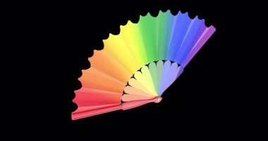 Gökkuşağı kıvrımlı fan gerçekçi hareket ediyor, animasyon, kusursuz döngü. Şeffaf arkaplanda 3B görüntüleme izole edildi
