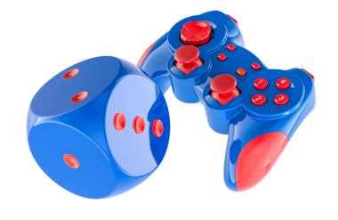 Oyun kumandası ve mavi ve kırmızı renkli zarlar. Şeffaf arkaplanda 3B görüntüleme izole edildi