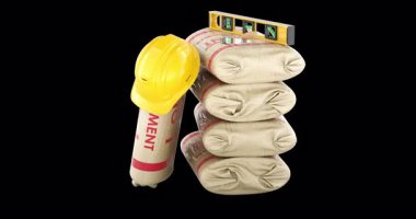 Sert şapkalı çimento torbaları, inşaat katı ve mala, dönüşümlü animasyon kusursuz döngü. Şeffaf arkaplanda 3B görüntüleme izole edildi