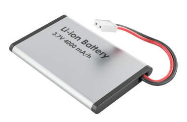 Flat lithium ion battery cell with 3.7V 4000mAh label, with red and black wires and connector. 3D rendering isolated on transparent background