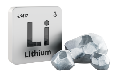 Lithium crystals and periodic table element  with Li symbol. 3D rendering isolated on transparent background