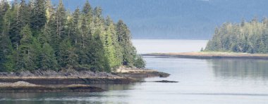  Alaska 'nın iç geçidi, Kraliçe Charlotte Sound' u, sabah ışığında, arka planda dağların güzel bir siluetiyle.
