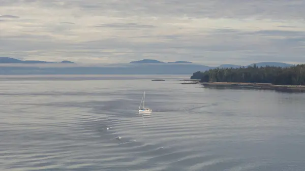  Alaska 'nın iç geçidi, Kraliçe Charlotte Sound' u, sabah ışığında, arka planda dağların güzel bir siluetiyle.