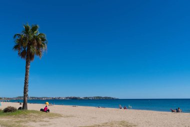Salou Costa Dorada Katalonya 'ya palmiye ağacı manzaralı Vilafortune plajı İspanya' yı kamufle ediyor