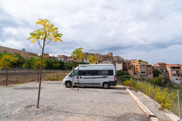 Motorhome Campervan Parked Free Spanish Aire Area Masroig Spain Catalonia Stock Image