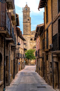 Basque Country Spain Elciego town narrow street and church in Alava region