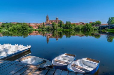 Salamanca İspanya Katedrali Kastilya ve Leon bölgesindeki teknelerle nehirden geliyor.