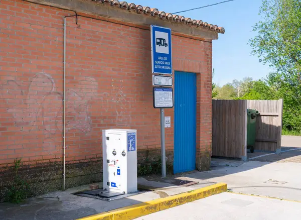 stock image Area de servicio parking aire for motorhomes and campervans Carrin de los Condes Palencia province Castile and Len, Spain on Friday 10th May 2024