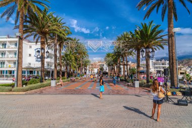 Ünlü palmiye ağacındaki turistler ve ziyaretçiler 12 Ekim 2024 'te Balcon de Europa Nerja, Endülüs, Costa del Sol İspanya' da kuyruğa girdiler.