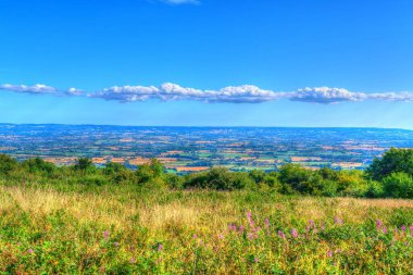 Quantock Hills 'in Somerset kırsal manzarası ve İngiltere Taunton' a doğru yeşil alanlar.