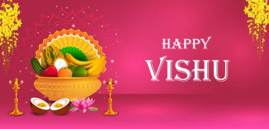 Vishu 'nun vektör illüstrasyonu, Hindu bayramı dini bayram festivali geçmişi Güney Hindistan' da kutlandı