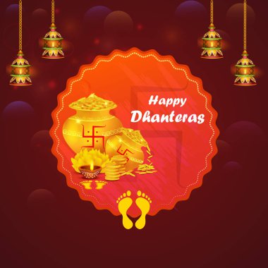 Mutlu Dhanteras Diwali bayramı kutlamaları için madalyalı Altın Kalash 'ın vektör çizimi Hindistan' ı selamlıyor.