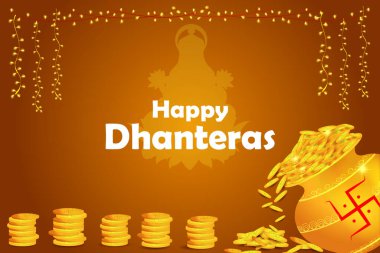Mutlu Dhanteras Diwali bayramı kutlamaları için madalyalı Altın Kalash 'ın vektör çizimi Hindistan' ı selamlıyor.