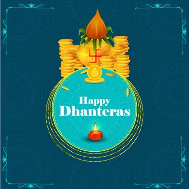 Mutlu Dhanteras Diwali bayramı kutlamaları için madalyalı Altın Kalash 'ın vektör çizimi Hindistan' ı selamlıyor.