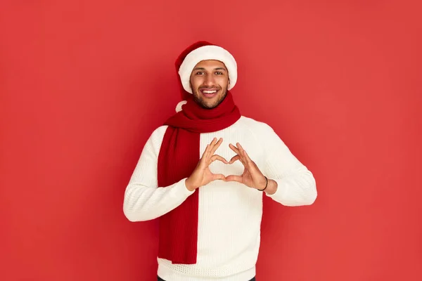 Smiling Man Showing Heart Shape Gesture Positive Multiracial Man Holding — Stok Foto
