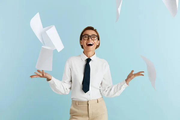 Happy Businesswoman Rejoicing Isolated Caucasian Woman Pile Papers Flying Air — Stock Photo, Image