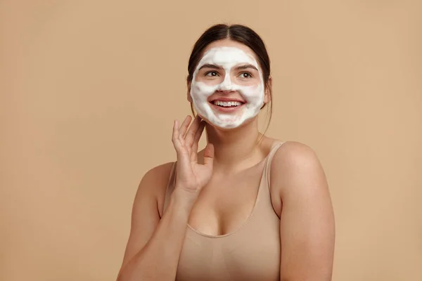Cleaning Face Caucasian Size Woman Cleaning Facial Skin Foam Soap — Stock Photo, Image