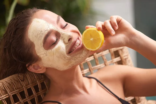 Face Mask Girl Hold Slice Lemon Happy Young Relaxed Woman — Stok fotoğraf