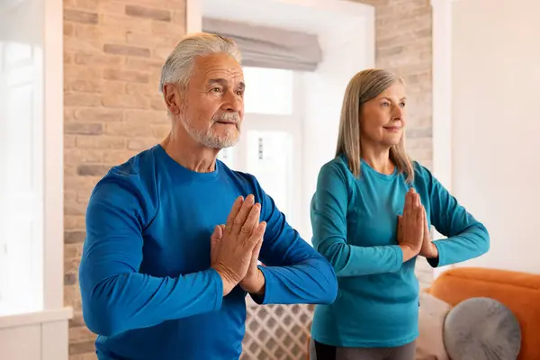 Pasangan Senior Tersenyum Sambil Berlatih Yoga Menjaga Tangan Dalam Gerakan — Stok Foto