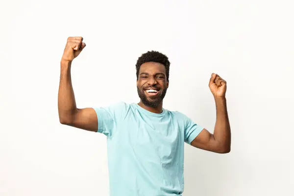 Portrait Happy African American Man Smiling Raising His Fists Victory — Stock Photo, Image