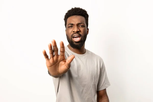 Portrait African American Man Showing Stop Hand Sign Displaying Rejection — Stock Photo, Image