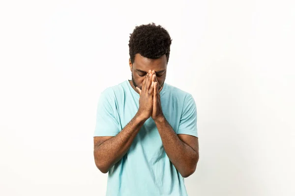 Man Casual Attire Shows Signs Stress Exhaustion Holding His Face — Stock Photo, Image
