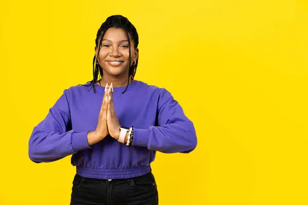 Afro Woman Making Gesture Gratitude Asking Forgiveness Smiling Confident Purple — Stock Photo, Image