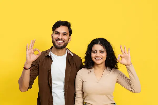 Happy Couple Showing Okay Sign Yellow Background Positive Gesture Relationship — Stok Foto