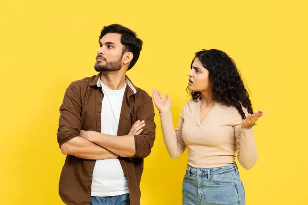 Disagreement Concept Young Couple Arguing Yellow Background Relationship Difficulties Communication — Stock Photo, Image