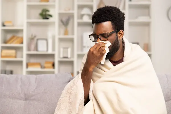 Sick Man Home Blowing Nose Tissue Health Allergy Seasonal Flu — Stock Photo, Image